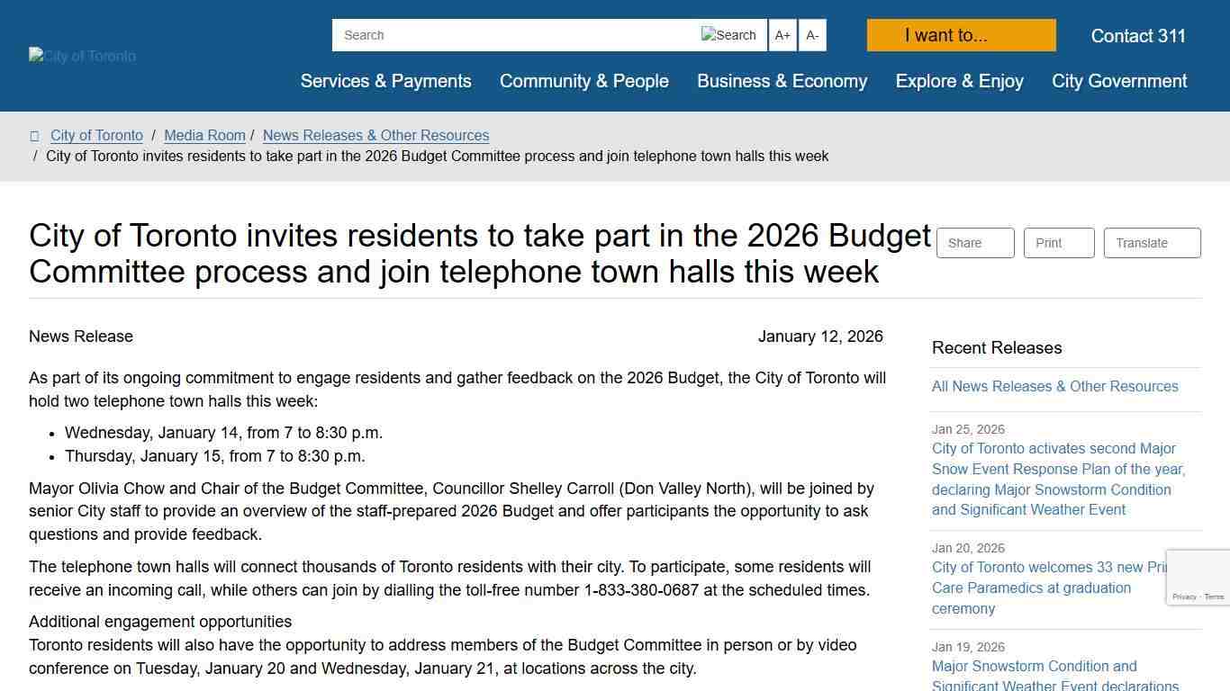 City of Toronto invites residents to take part in the 2026 Budget Committee process and join telephone town halls this week – City of Toronto